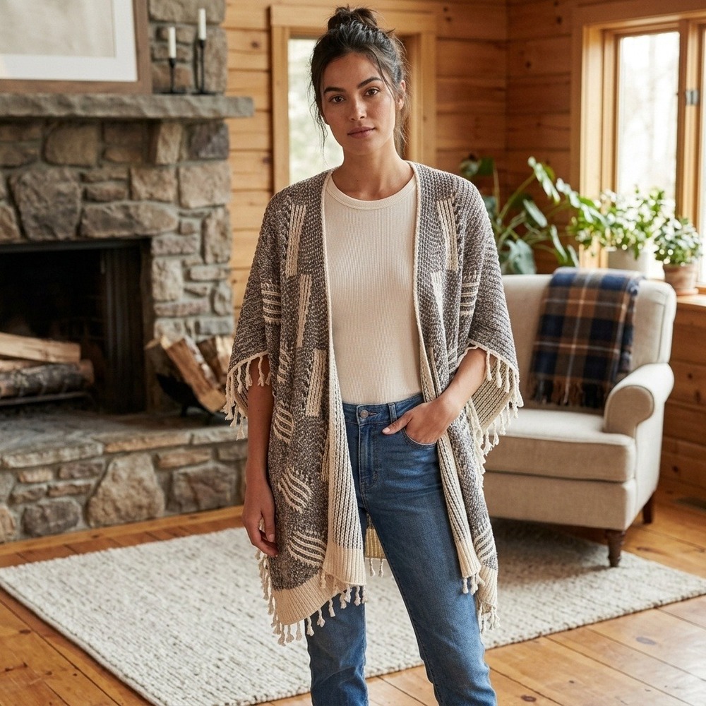 Anthropologie Poncho Women One Size Grey Cream Geometric Tassel Fringe Boho Wrap